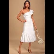 🆕Lulu's Sun-Kissed Memories White One-Shoulder Ruffled Midi Dress