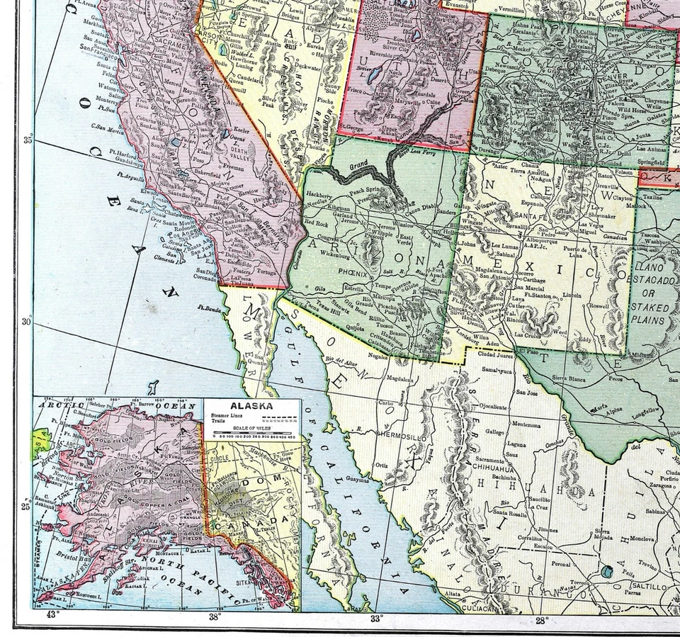 1901 Карта Тунисона Индейская территория США Оклахома Аляска Вашингтон Техас - Изображение 4 из 4