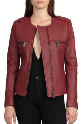 New Maroon Jacket Women's Handmade Genuine Lambskin Leather Biker Motorcycle