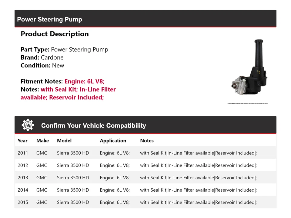 Bomba de dirección asistida Cardone 2012 2013 para GMC Sierra 3500 HD 6L V8 2011-2015 Foto 2 de 4
