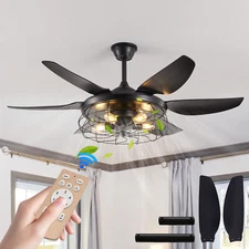 52" Black Caged Ceiling Fan Light Farmhouse Flush Mount with Remote Control kit