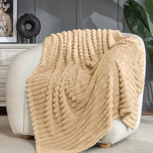 Wider Striped 380gsm Thick Throw Blanket for Couch Super throw(50x60) Khaki - Bild 4 von 7