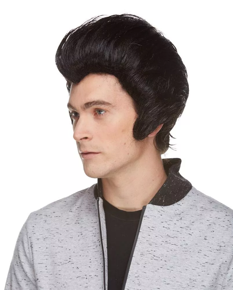 50 S ADULT MENS ELVIS STYLE POMPADOUR BLACK ROCKER POP STAR GREASE COSTUME WIG