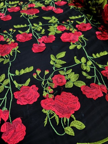 Black Lace Floral Mesh Crafts Apparel Fabric By The Yard Red Floral Flowers Gree - Picture 9 of 12