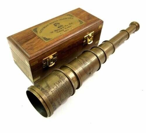 Telescopio espiral náutico de latón victoriano de 18 pulgadas con caja de madera antigua regalo - Imagen 6 de 7