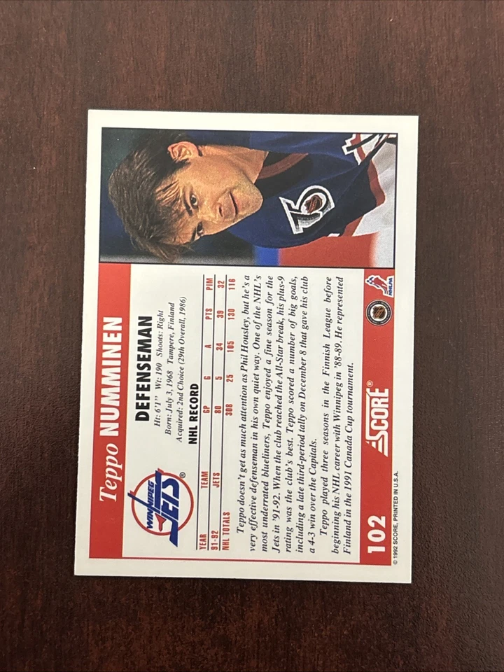 1992-93 Score #102 Teppo Numminen AUTO Winnipeg Jets AUTOGRAPH Signed - Image 2 of 2