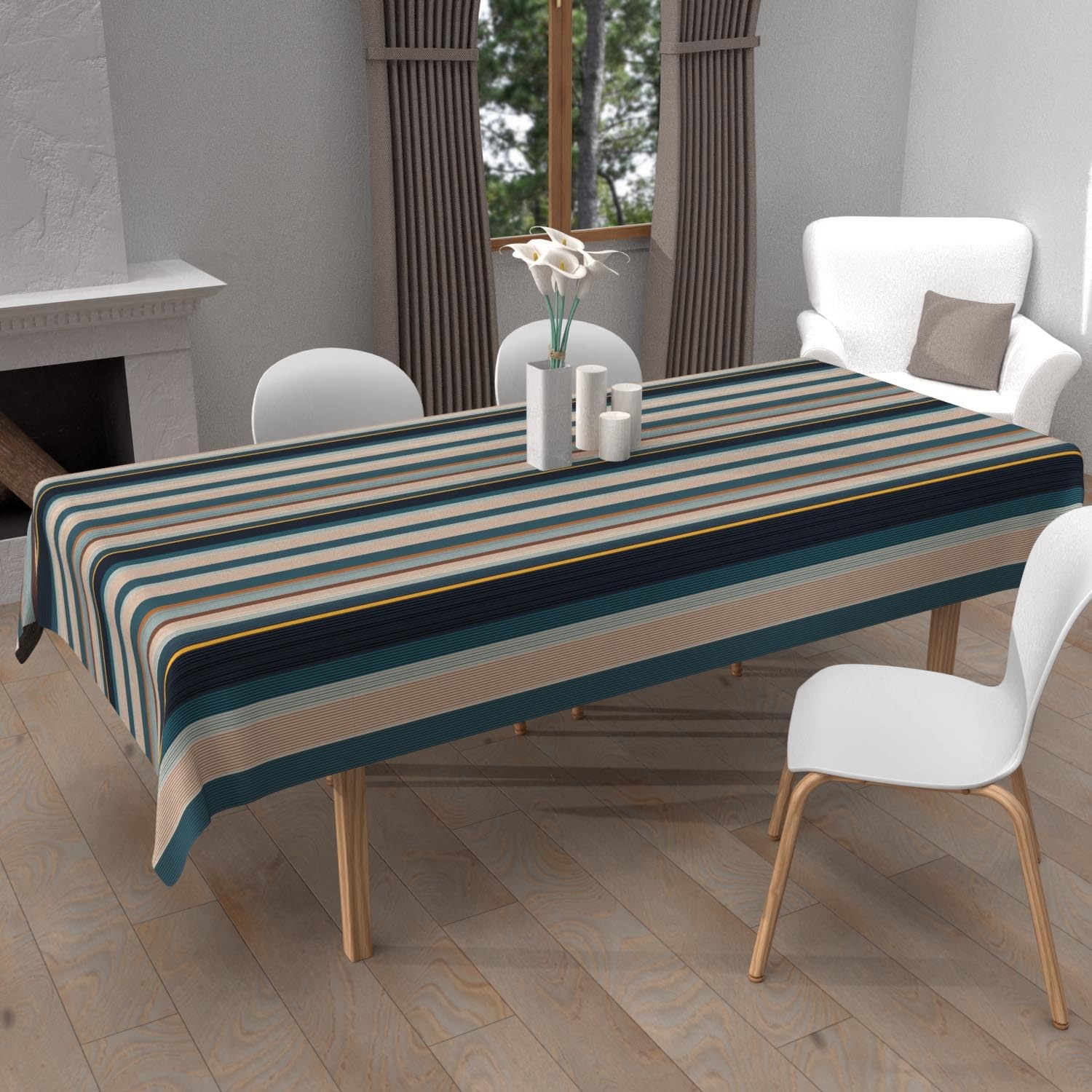 Nappe imprimée anti-tâches 140x300 cm BAYADERES bleu en tissu lourd au tombé impeccable