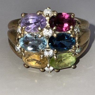 Ovalschliff verschiedene Edelsteine Set Cluster goldfarben Sterling Ring Größe 6 (5,5 g)
