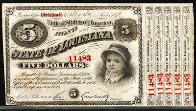 #ad 1878 Baton Rouge Louisiana $5 Dollar Baby Bond Obsolete Note 5 Coupons Crisp UNC $38.24