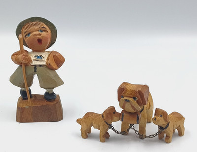 Swiss German Folk Art Wood hand carved St Bernard with puppies and boy