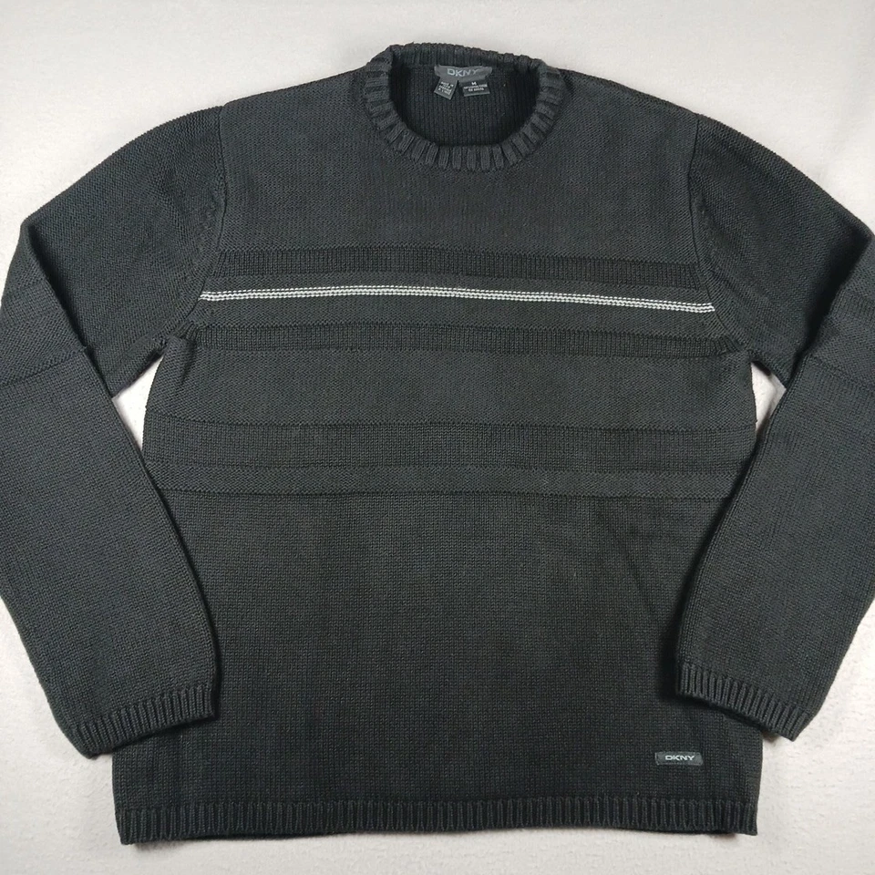 Suéter DKNY Para Hombres Mediano Algodón Cuello Redondo - Negro con Rayas Blancas Foto 2 de 4