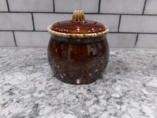 Hull Pottery Sugar Bowl, Brown Drip Glaze, w/Lid, Stoneware, Vintage, 3" x 3.9"