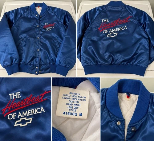 Vintage Chevrolet Heartbeat of America Satin Jacket Blue Snap Front Medium - product listing photo