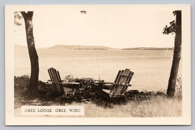 Okee WI RPPC Lake Okee Lodge Scenic View Wooden Chairs Nature Postcard N