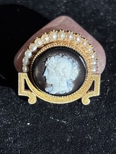 Antique Victorian 14K Gold Black Onyx Cameo w/ Pearl Halo Pin Brooch RARE