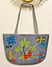 VTG Silver Seed Bead  Embroidered Floral/Palm Tree Design Handbag Shoulder Bag