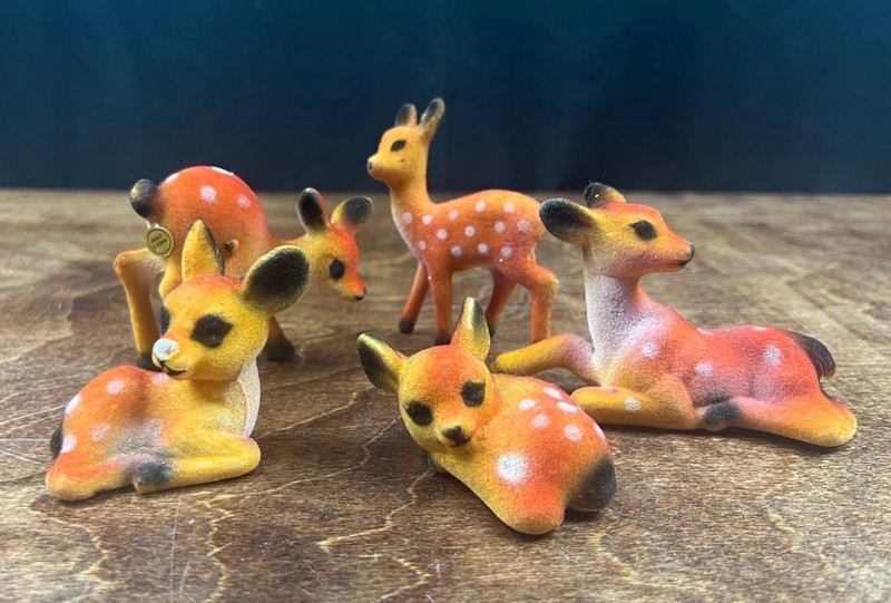 Vintage 1960s Deer Fawn Flocked Plastic Figurines Lot of 5