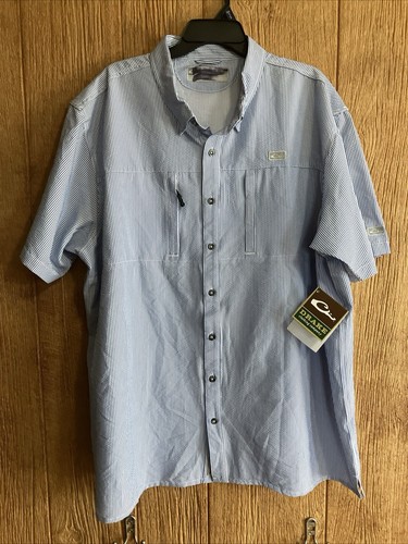 Drake Mens 2XL Vented Short Sleeve Button Fishing Shirt Blue White Pinstripe New - Picture 10 of 18
