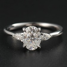 2CT Oval  Pear Cut Moissanite Three Stone Engagement Ring 14K White Gold Plated