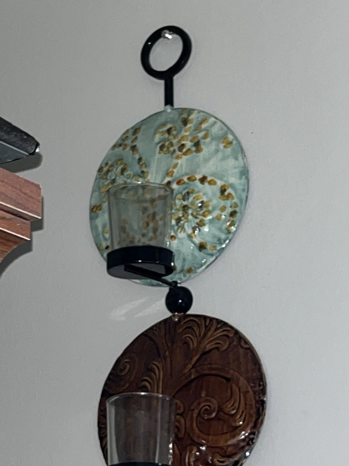 Tuscan Vertical Abstract Candle Wall Sconce. Teal, Orange,  Green, Black - Image 2 of 4