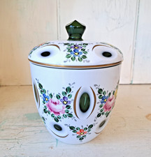 Vintage 6.25" Czech Bohemian Handpainted White Overlay Cut To Green Jar With Lid
