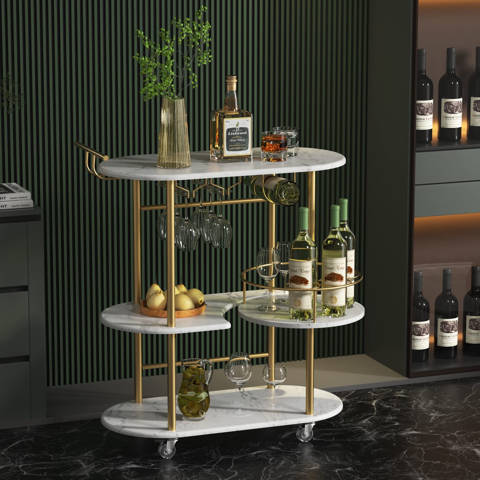 Gold Bar Carts with 4-Tier Storage Shelves, Mobile Bar Serving Cart with Wine...