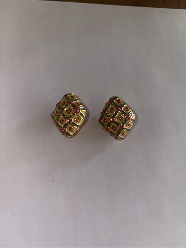 JOAN RIVERS PINK RHINESTONE CLIP ON EARRINGS GREEN YELLOW PINK ENAMEL SIGNED GT