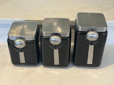 Oggi 3-Piece Black Square Ceramic Canister Set w/ Stainless Steel Spoon &Lids