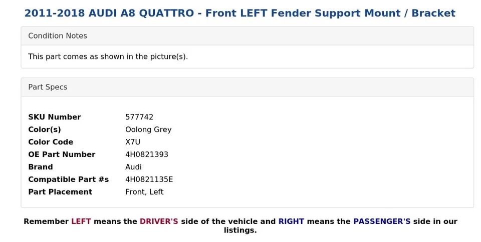 2011-2018 AUDI A8 QUATTRO - Front LEFT Fender Support Mount / Bracket - Image 4 of 4