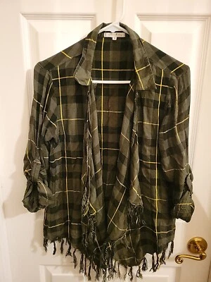 Willow & Clay Open Cardigan Womens Size Small Green/Red Plaid Fringed 100% Rayon - Image 1 of 4