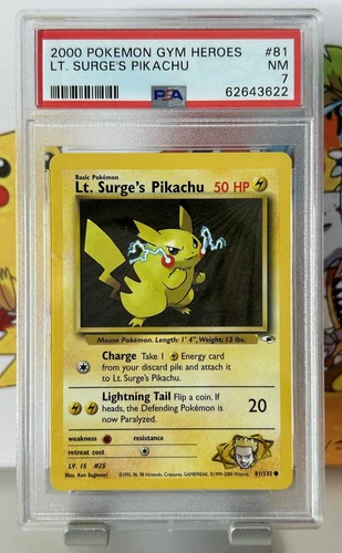 🔹PSA 7 NM🔹Lt. Surge’s Pikachu 81/132🔸2000 Gym Heroes English Pokemon Card