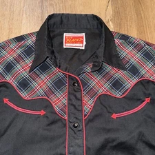 Vtg Pearl Snap Shirt Ely Plains Western Rockabilly Plaid Yoke USA Womens Medium