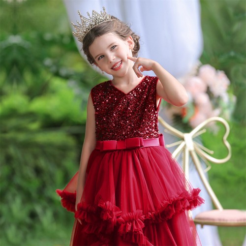 Sequin Princess Formal Long Dress Flower Girls Kids Wedding Bridesmaid Ball Gown - Picture 17 of 46
