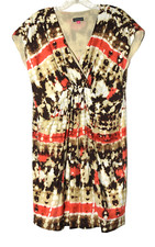 Vince Camuto Orange Brown Tie Dye Pleated with Pockets Faux Wrap Dress Size 2