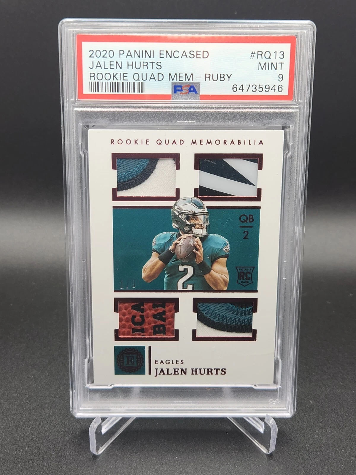 Jalen Hurts Panini Encased Rookie Quad Memorabilia #RQ13 Ruby