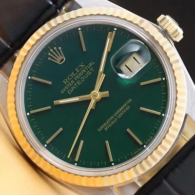 Rolex Datejust 16013 18K Acier Doré Vert Cadran Watch W / Cuir Noir Sangle - Photo 1/4