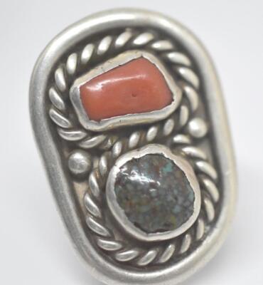 Vintage Hand Made Turquoise Red Coral Navajo Sterling Silver Shield /Rope Ring