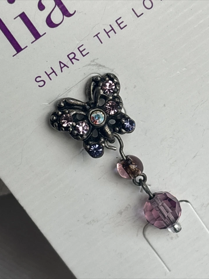 Brincos de borboleta Lia Sophia antigos tom prata roxo rosa cristais AB assinados - Imagem 4 de 4