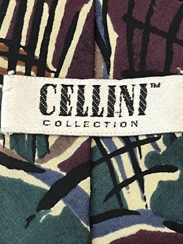 Vintage Men’s Cellini 100% Silk Artistic Dark Red Green Print Neck Tie 4” x 58” - Picture 2 of 5