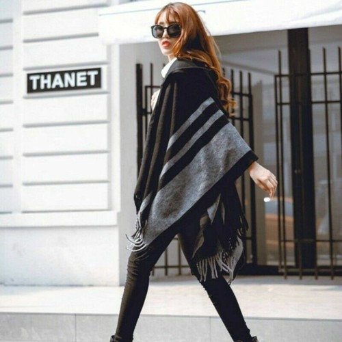 Women Hooded Poncho Scarf Shawl Cape Wrap Stripe Tassel Batwing Sleeve Warm - Picture 12 of 16