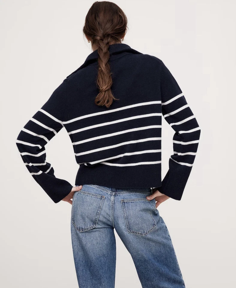 Banana Republic 100% Cashmere Half-Zip Sweater Navy Blue White Stripe XS Collard - Image 2 of 4