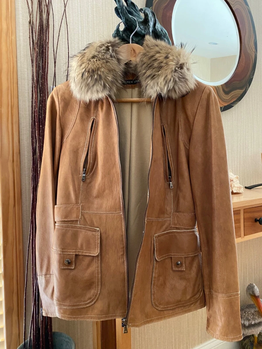 Andrew Marc Brown Leather Jacket with Detachable Fur Collar