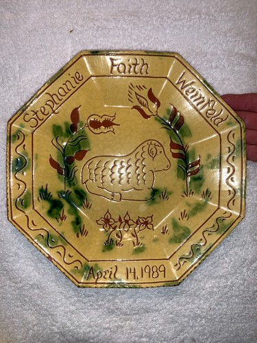 Rare Lester Breininger Pottery Lamb/ Birth Redware Plate 10 3/4” Octagonal PA - 第 2/18 張圖片