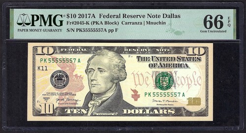 🇺🇸 2017A $10 DALLAS NEAR SOLID SERIAL NUMBER ♚♚55555557♚♚ PMG GEM UNC 66 EPQ - 第 1/2 張圖片