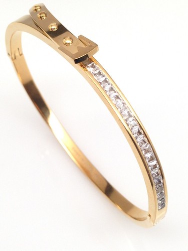 Stainless Steel Cz Eternity Belt Buckle Bangle Bracelet Womens 6.5" 4mm Gold - Picture 2 of 7