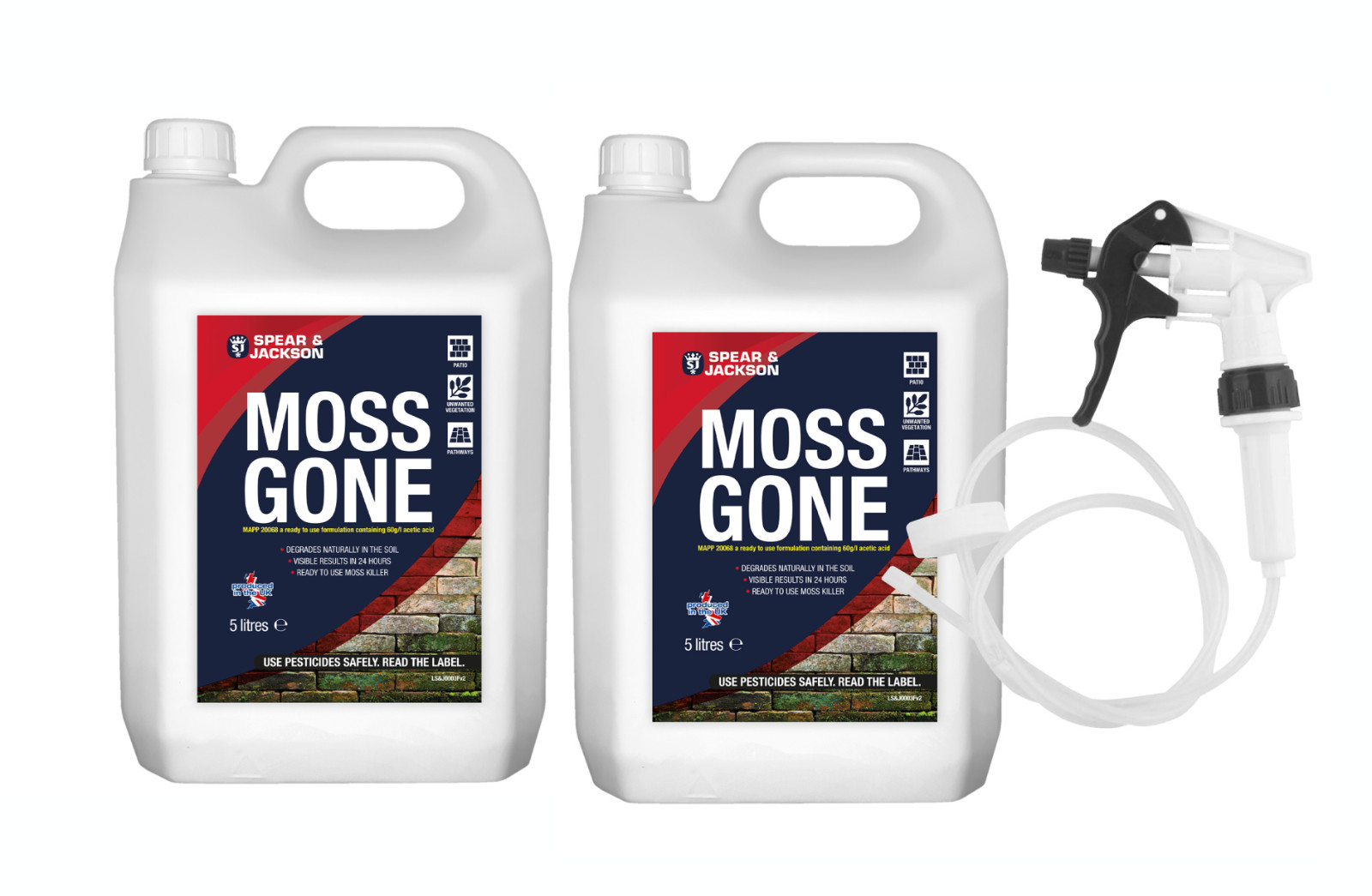 Moss killer Moss Gone 2 x 5L long hose trigger Fast Acting Spear and Jackson