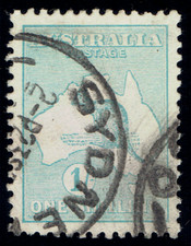 AUSTRALIA ? 1913 ? KANGAROO 1s Blue Grn ? Sc #10 - Used VF CV $19