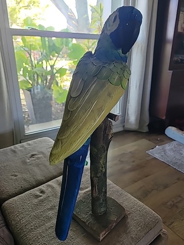 Vtg Lg Leather Hand Painted Parrot On Wood Stand Mexican Folk Art Handmade - Picture 1 of 17
