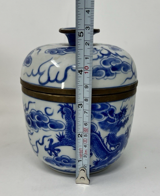 Vintage Maitland Smith Ceramic Lidded Jar W/ Copper Trim Dragon