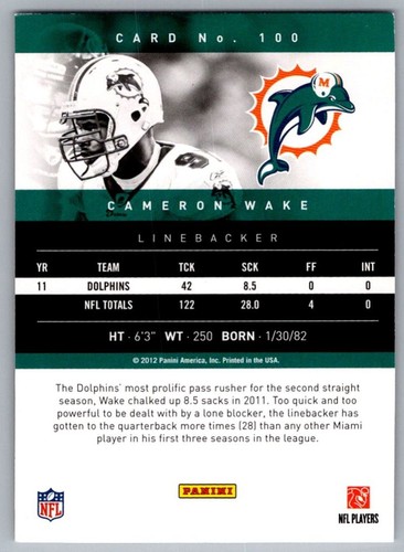2012 Panini Prestige Cameron Wake Miami Dolphins #100 - Picture 2 of 2